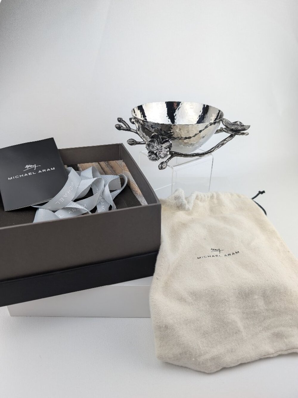 Michael Aram Hand Crafted Stainless Steel Black Orchid Nut Dish Bowl Nickelplate